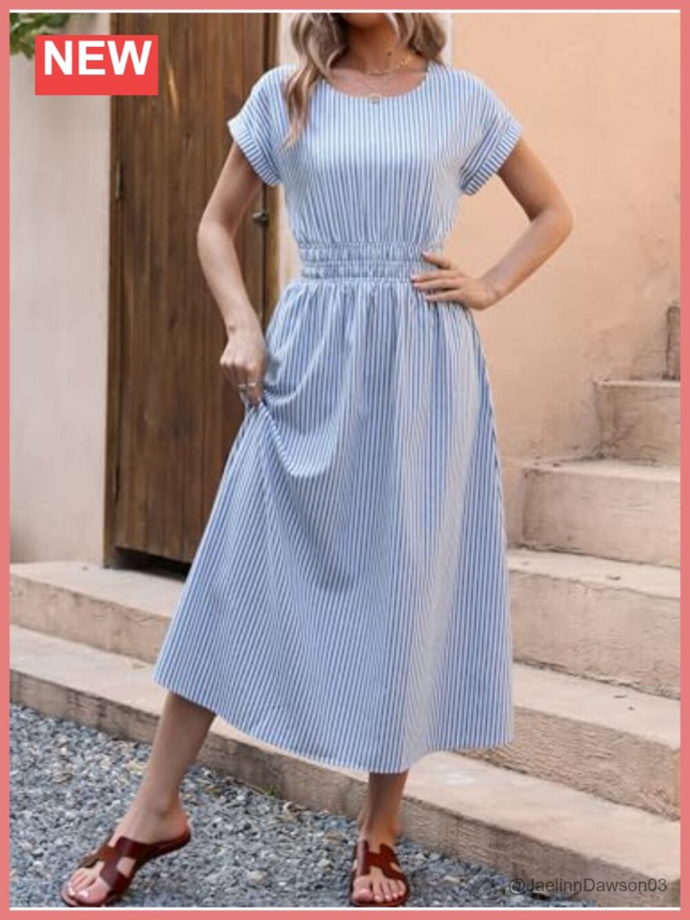Casual Midi Dress with Pockets Short Sleeve Crewneck Elastic Waist Flowy Beach - Picture 4 of 6